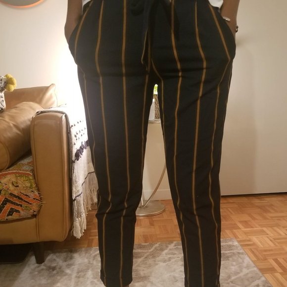 Zara Dark Navy Orange Striped Tie Waist Ankle Cropped Pant - Picture 2 of 4